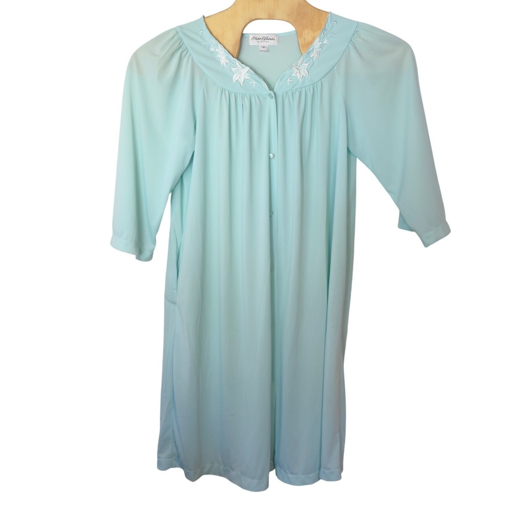 Miss‎ Elaine Classics Short Nylon Button-Front Robe Nightgown Size M Blue